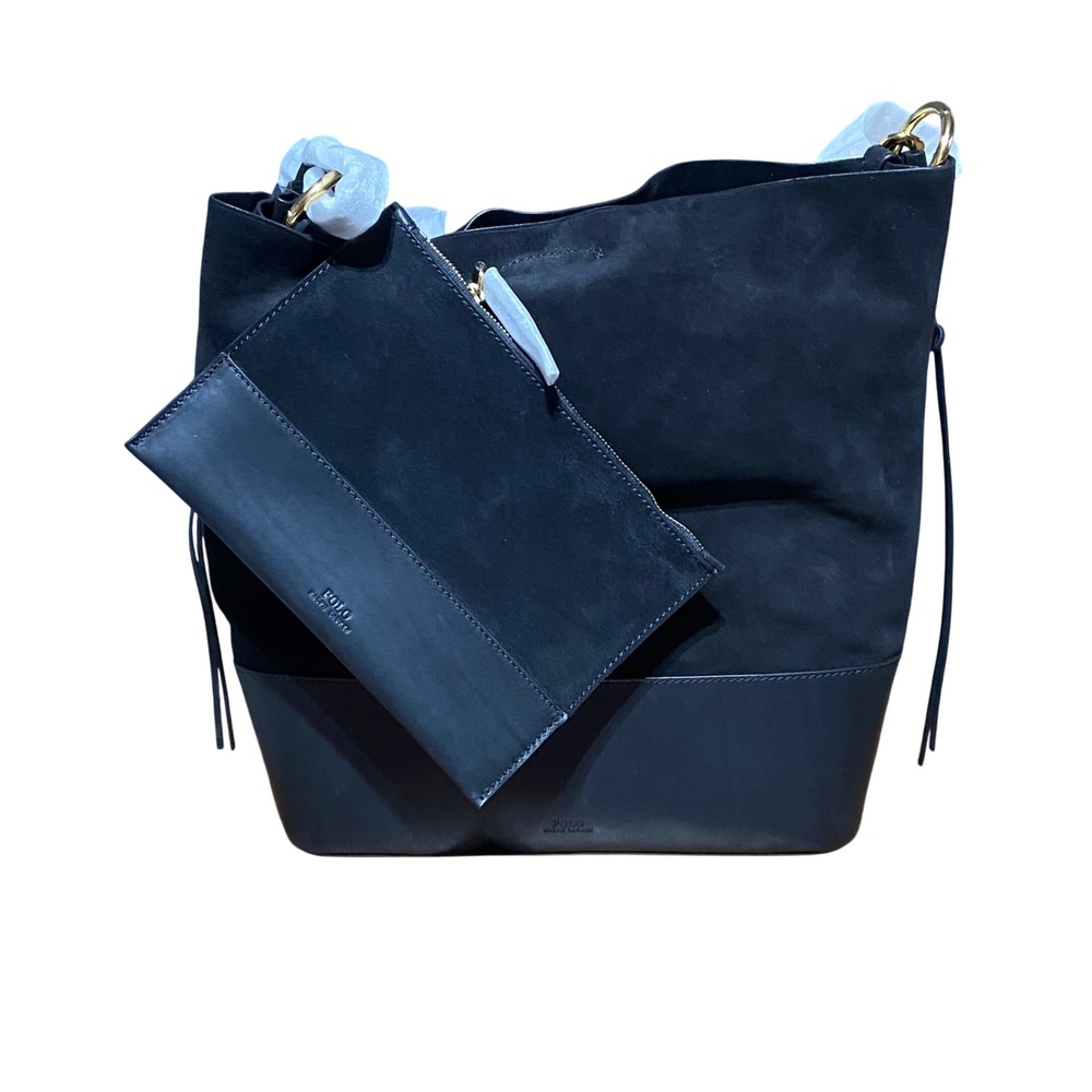 $498 Ralph Lauren Black‎ Suede Leather Shoulder Bucket Bag Purse w/Inner Pouch